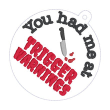 Load image into Gallery viewer, Trigger Warnings bookmark/ornament/bag tag machine embroidery design DIGITAL DOWNLOAD