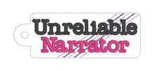 Load image into Gallery viewer, Unreliable Narrator snap tab and eyelet fob set (single and multi files included) machine embroidery design DIGITAL DOWNLOAD