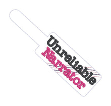 Load image into Gallery viewer, Unreliable Narrator snap tab and eyelet fob set (single and multi files included) machine embroidery design DIGITAL DOWNLOAD