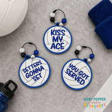 Load image into Gallery viewer, Volleyball appliqué bag tag set (3 designs included) machine embroidery design DIGITAL DOWNLOAD