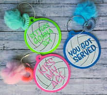 Load image into Gallery viewer, Volleyball appliqué bag tag set (3 designs included) machine embroidery design DIGITAL DOWNLOAD