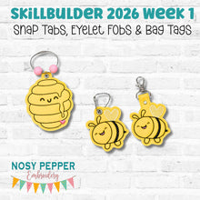 Load image into Gallery viewer, Happy Bee snap tabs, eyelet fobs, and bagtag set machine embroidery file (single and multi files included)--2026 Skill Builder Bundle--DIGITAL DOWNLOAD