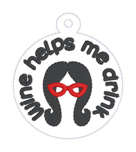 Load image into Gallery viewer, Wine Helps Me snap tab and eyelet fob (single and multi files included) machine embroidery file DIGITAL DOWNLOAD