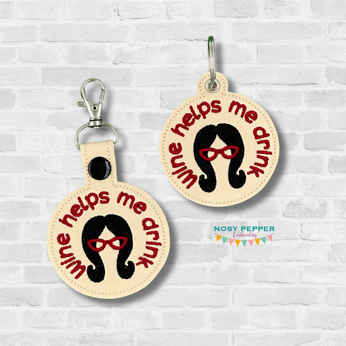 Wine Helps Me snap tab and eyelet fob (single and multi files included) machine embroidery file DIGITAL DOWNLOAD
