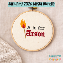 Load image into Gallery viewer, A Is For Arson machine embroidery design (5 sizes included) DIGITAL DOWNLOAD