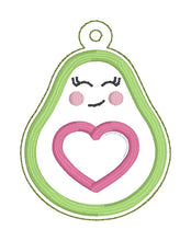 Load image into Gallery viewer, Avocado Heart applique snap tab and eyelet fob machine embroidery file (single and multi files included) DIGITAL DOWNLOAD