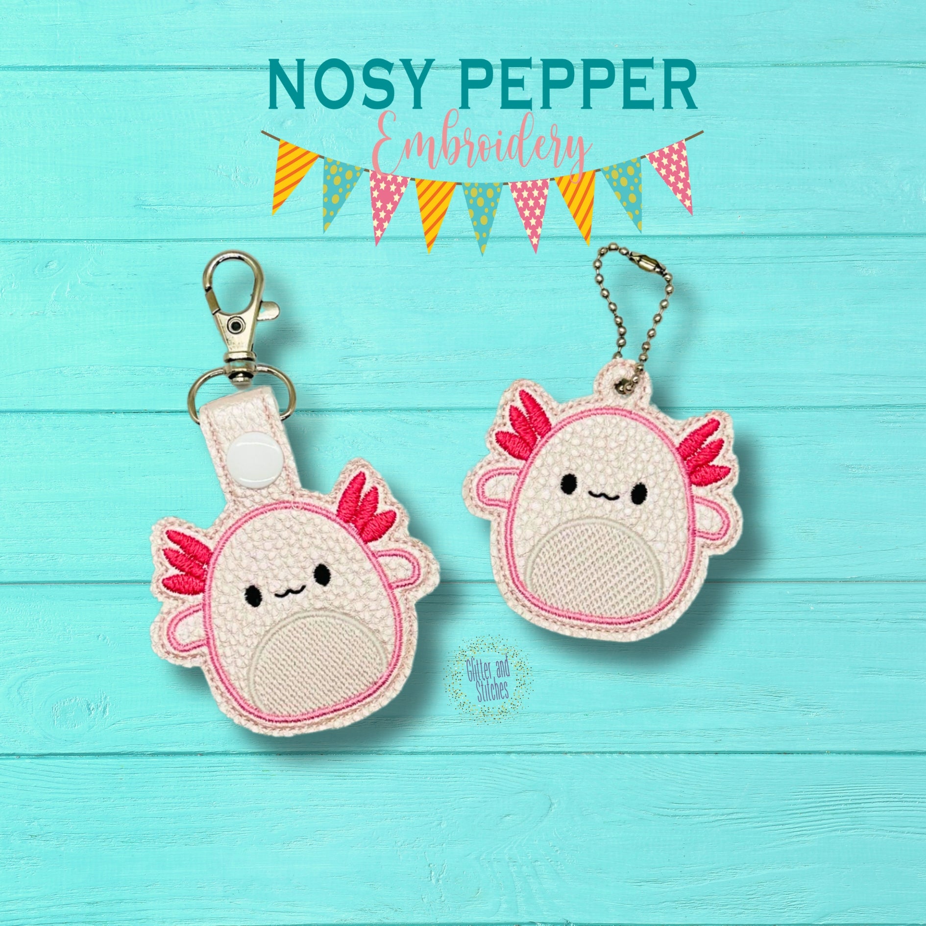 Axolotl Squishy snap tab and eyelet fob machine embroidery file (singl ...