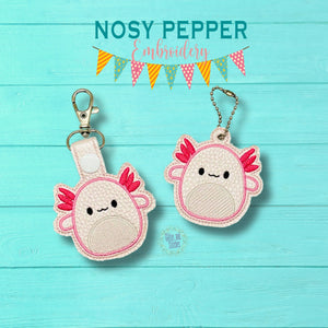 Axolotl Squishy snap tab and eyelet fob machine embroidery file (single and multi files included) DIGITAL DOWNLOAD