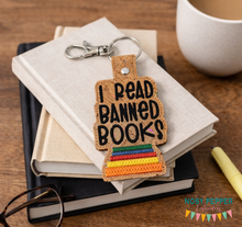 Load image into Gallery viewer, I Read Banned Books snap tab machine embroidery design (single &amp; multi files included) DIGITAL DOWNLOAD