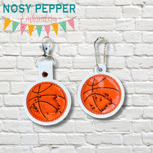 Load image into Gallery viewer, Basketball Applique Shaker snap tab and eyelet fob machine embroidery file (single and multi files included) DIGITAL DOWNLOAD