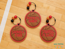 Load image into Gallery viewer, Basketball appliqué bag tag set (3 designs included) machine embroidery design DIGITAL DOWNLOAD