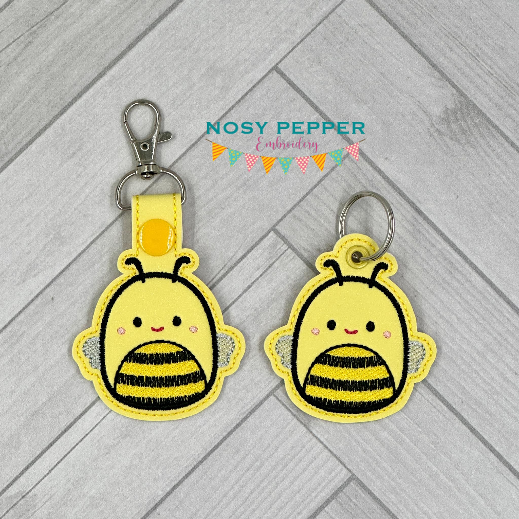 Bee Squishy snap tab and eyelet fob machine embroidery file (single an ...