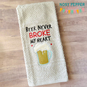 Beer Never Broke My Heart applique machine embroidery design (4 sizes included) DIGITAL DOWNLOAD