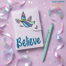 Load image into Gallery viewer, Believe top load notebook cover machine embroidery design DIGITAL DOWNLOAD