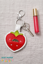 Load image into Gallery viewer, Strawberry applique quarter keeper snap tab and eyelet fob (single and multi files included) machine embroidery file DIGITAL DOWNLOAD