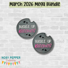 Load image into Gallery viewer, Buckle Up car coaster (2 sizes included) MARCH 26 MATURE BUNDLE machine embroidery design DIGITAL DOWNLOAD