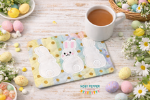 Load image into Gallery viewer, Bunny Butt applique mug rug March 25 Mystery Bundle machine embroidery design (4 sizes, envelope and turned styles included) DIGITAL DOWNLOAD