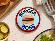 Load image into Gallery viewer, Burger Boss patch (2 sizes included) machine embroidery design DIGITAL DOWNLOAD