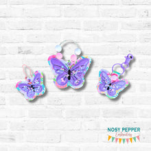 Load image into Gallery viewer, Butterfly applique shaker set  (single and multi fobs and bag tag files included) machine embroidery design DIGITAL DOWNLOAD