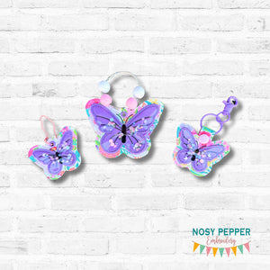 Butterfly applique shaker set  (single and multi fobs and bag tag files included) machine embroidery design DIGITAL DOWNLOAD