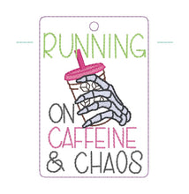Load image into Gallery viewer, Caffeine and Chaos luggage tag (2 versions) machine embroidery design DIGITAL DOWNLOAD