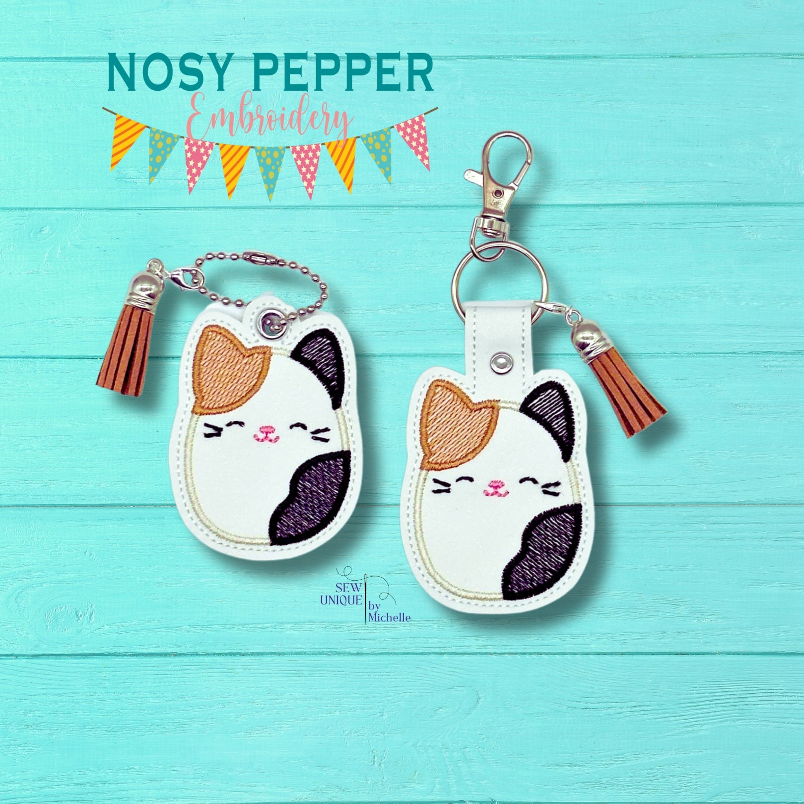 Calico Squishy snap tab and eyelet fob machine embroidery file (single ...
