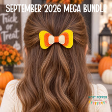 Load image into Gallery viewer, Candy Corn ITH Bow (2 sizes included) machine embroidery design DIGITAL DOWNLOAD