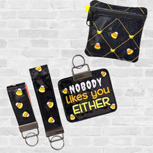 Load image into Gallery viewer, Candy Corn mini set (3 key fobs and 4x4 ITH bag) machine embroidery design DIGITAL DOWNLOAD