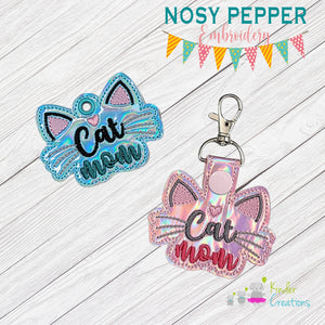 Cat Mom snap tab and eyelet fob machine embroidery file (single and multi files included) DIGITAL DOWNLOAD