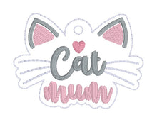 Load image into Gallery viewer, Cat Mum snap tab and eyelet fob machine embroidery file (single and multi files included) DIGITAL DOWNLOAD