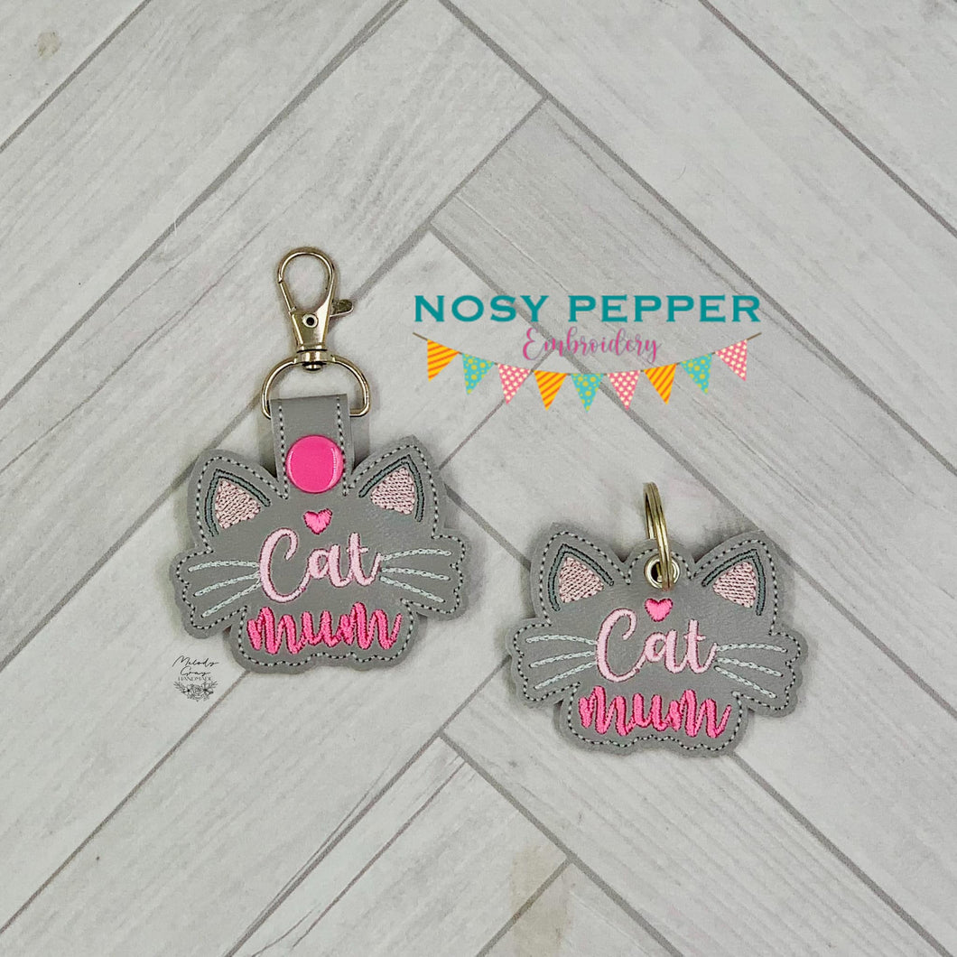 Cat Mum snap tab and eyelet fob machine embroidery file (single and multi files included) DIGITAL DOWNLOAD
