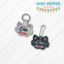 Load image into Gallery viewer, Cat Mum snap tab and eyelet fob machine embroidery file (single and multi files included) DIGITAL DOWNLOAD