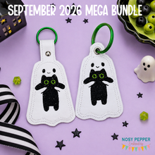 Load image into Gallery viewer, Ghost With Cat snap tab and eyelet fob set with charm (single and multi files included) machine embroidery design DIGITAL DOWNLOAD