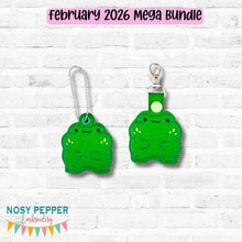 Load image into Gallery viewer, Chonky Frog snap tab and eyelet fob set (single and multi files included) —FEB 26 MB—machine embroidery design DIGITAL DOWNLOAD