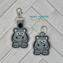 Load image into Gallery viewer, Chubby Hippo snap tab and eyelet fob machine embroidery file (single and multi files included) DIGITAL DOWNLOAD
