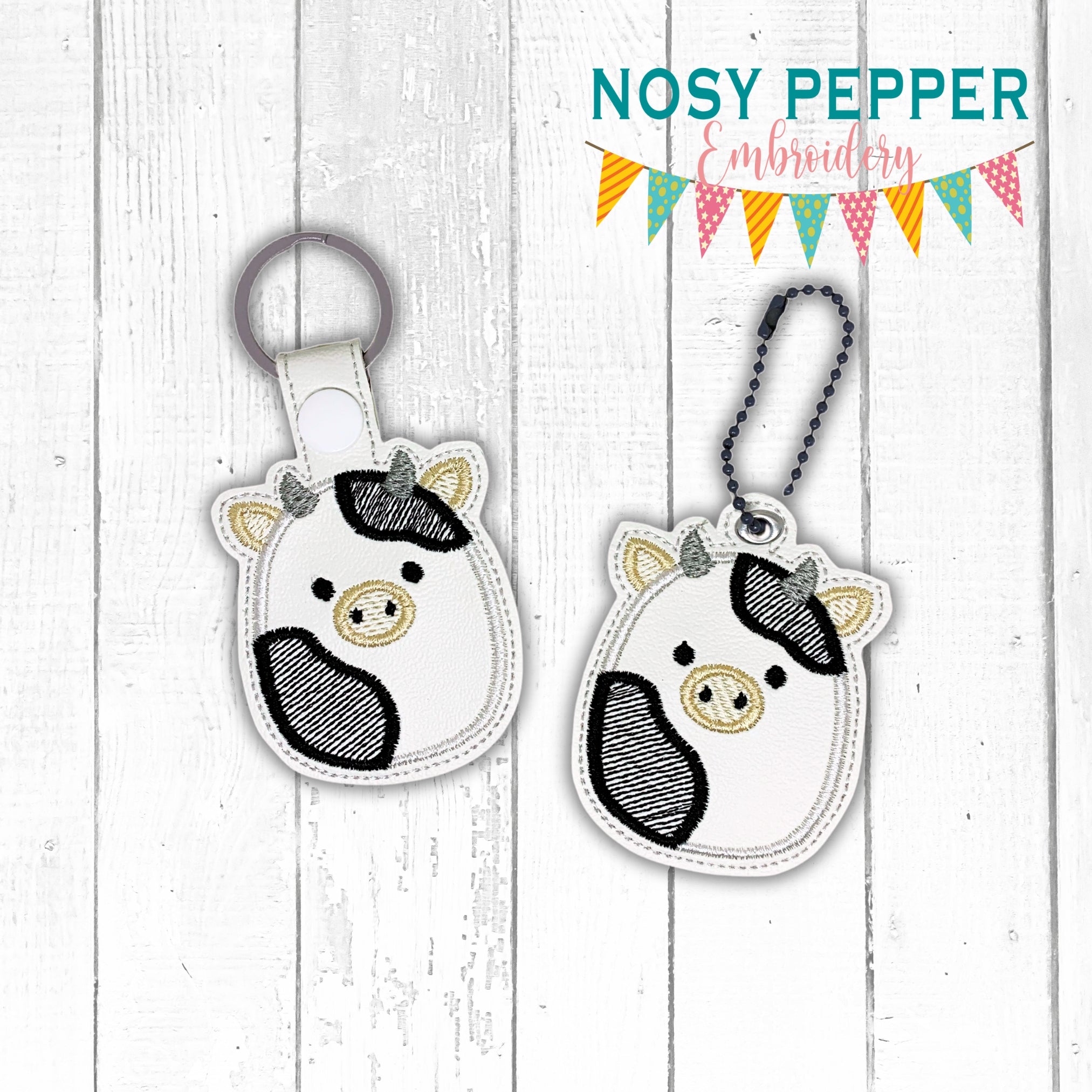 Cow Squishy snap tab and eyelet fob machine embroidery file (single an ...