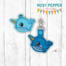 Load image into Gallery viewer, Cute Narwhal snap tab and eyelet fob machine embroidery file (single and multi files included) DIGITAL DOWNLOAD