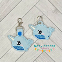 Load image into Gallery viewer, Cute Narwhal snap tab and eyelet fob machine embroidery file (single and multi files included) DIGITAL DOWNLOAD