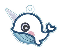 Load image into Gallery viewer, Cute Narwhal snap tab and eyelet fob machine embroidery file (single and multi files included) DIGITAL DOWNLOAD