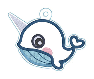 Cute Narwhal snap tab and eyelet fob machine embroidery file (single and multi files included) DIGITAL DOWNLOAD