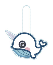 Load image into Gallery viewer, Cute Narwhal snap tab and eyelet fob machine embroidery file (single and multi files included) DIGITAL DOWNLOAD