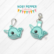 Load image into Gallery viewer, Cute Narwhal snap tab and eyelet fob machine embroidery file (single and multi files included) DIGITAL DOWNLOAD
