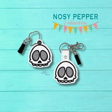 Load image into Gallery viewer, Cute Skull snap tab and eyelet fob machine embroidery file (single and multi files included) DIGITAL DOWNLOAD