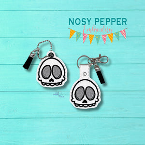 Cute Skull snap tab and eyelet fob machine embroidery file (single and multi files included) DIGITAL DOWNLOAD