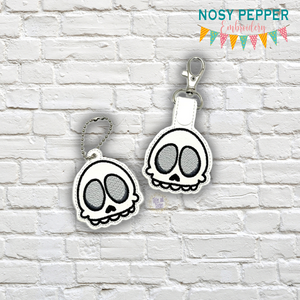 Cute Skull snap tab and eyelet fob machine embroidery file (single and multi files included) DIGITAL DOWNLOAD