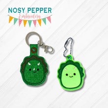 Load image into Gallery viewer, Triceratops Squishy snap tab and eyelet fob machine embroidery file (single and multi files included) DIGITAL DOWNLOAD