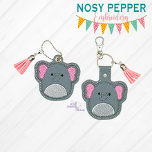 Load image into Gallery viewer, Squishy Elephant snap tab and eyelet fob machine embroidery file (single and multi files included) DIGITAL DOWNLOAD