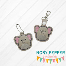 Load image into Gallery viewer, Squishy Elephant snap tab and eyelet fob machine embroidery file (single and multi files included) DIGITAL DOWNLOAD