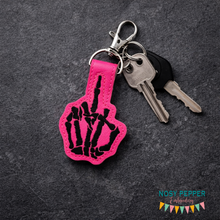 Load image into Gallery viewer, Middle Finger Skeleton snap tab and eyelet fob machine embroidery file (single and multi files included) DIGITAL DOWNLOAD