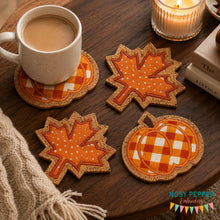Load image into Gallery viewer, Leaf and Pumpkin Applique Coaster Set 4x4 machine embroidery design DIGITAL DOWNLOAD